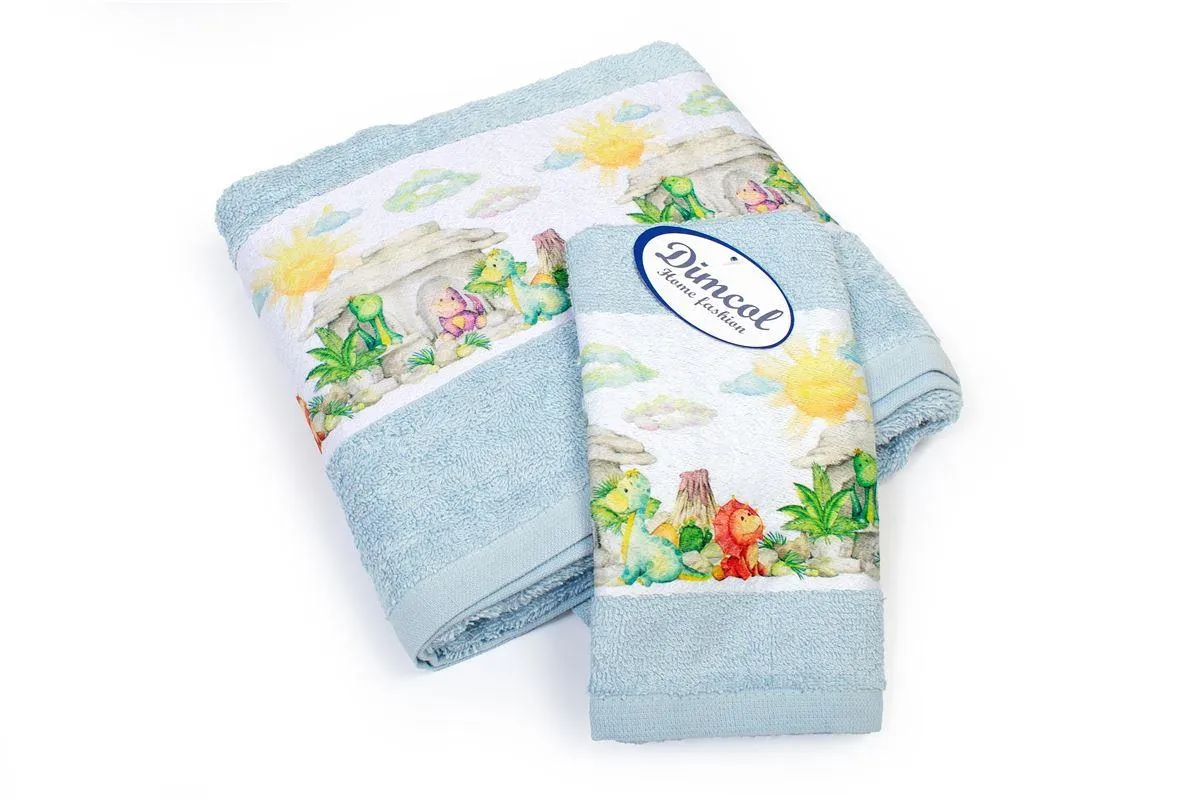 Πετσέτα Σετ 2 τεμ Με Ψηφιακή Εκτύπωση bebe Dinosaurs 310 30X50,70X140 Sky Blue 100% Cotton