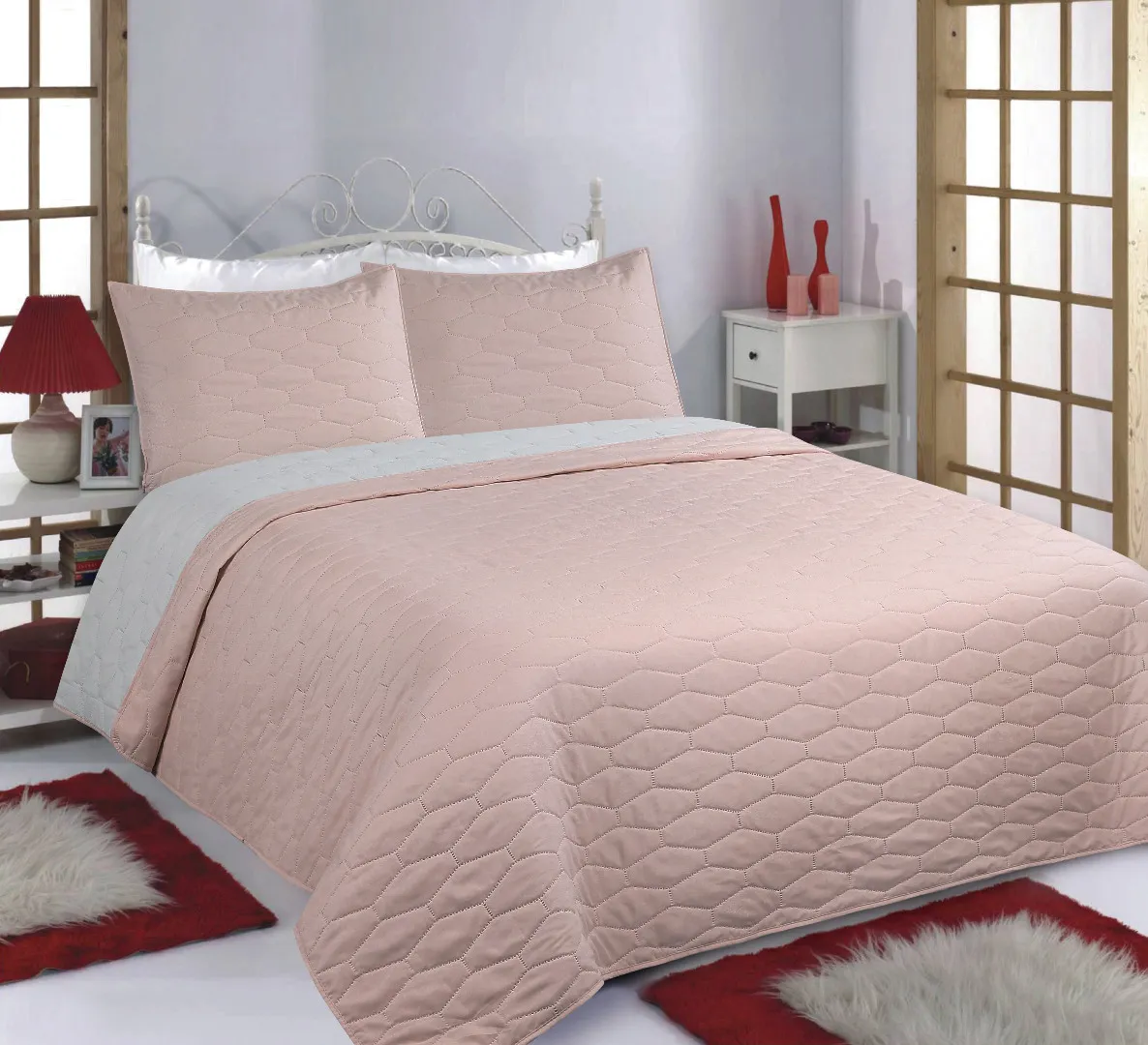 ΚΟΥΒΕΡΛΙ σετ (240cm x 260cm + 2 x 50cm x 70cm) RUBY pink/grey