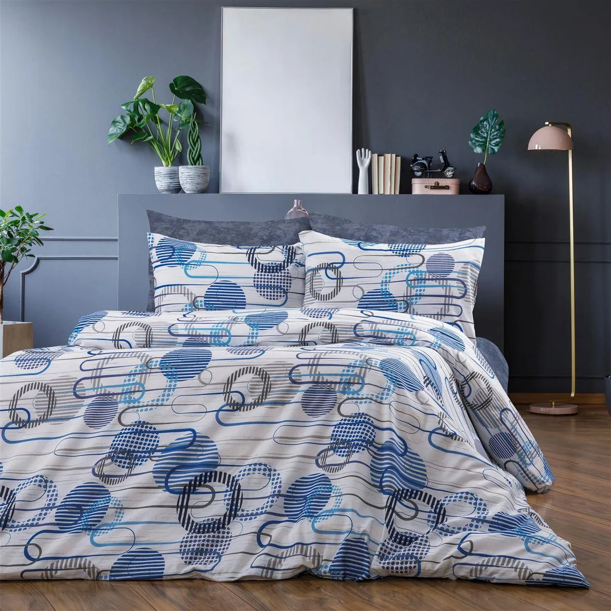 Σεντόνια Εμπριμέ Σετ 3 τεμ Διώνη 602 160X240 White-Blue 70/30 Cott/Pol