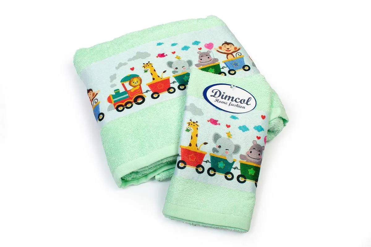 Πετσέτα Σετ 2 τεμ Με Ψηφιακή Εκτύπωση bebe Train 348 30X50,70X140 Mint 100% Cotton