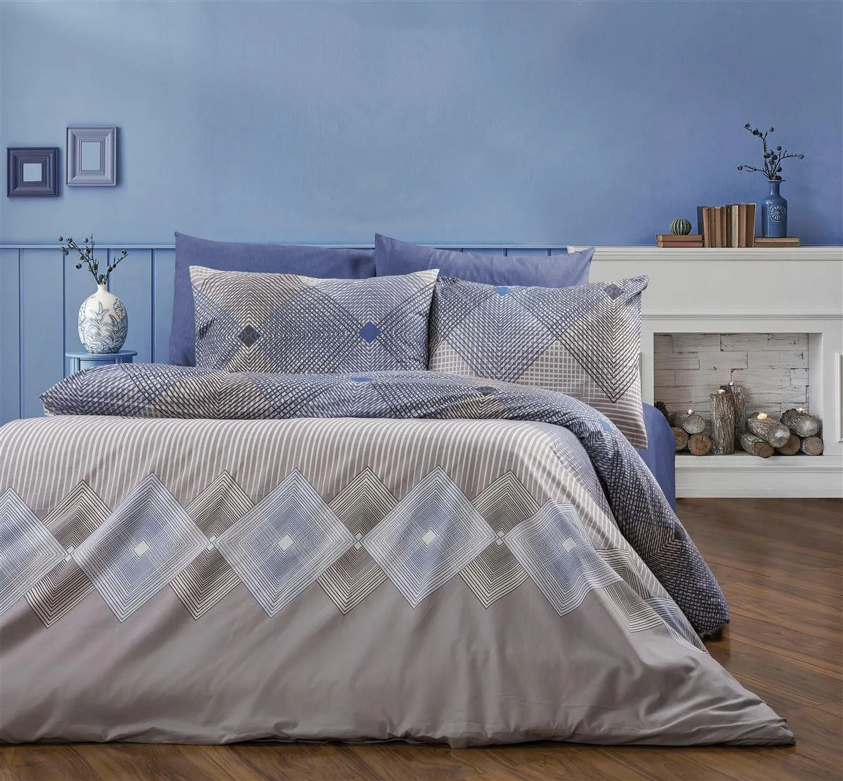 Παπλωματοθήκη Εμπριμέ Καλλιρόη 604 220X240 Grey-Blue 70/30 Cott/Pol