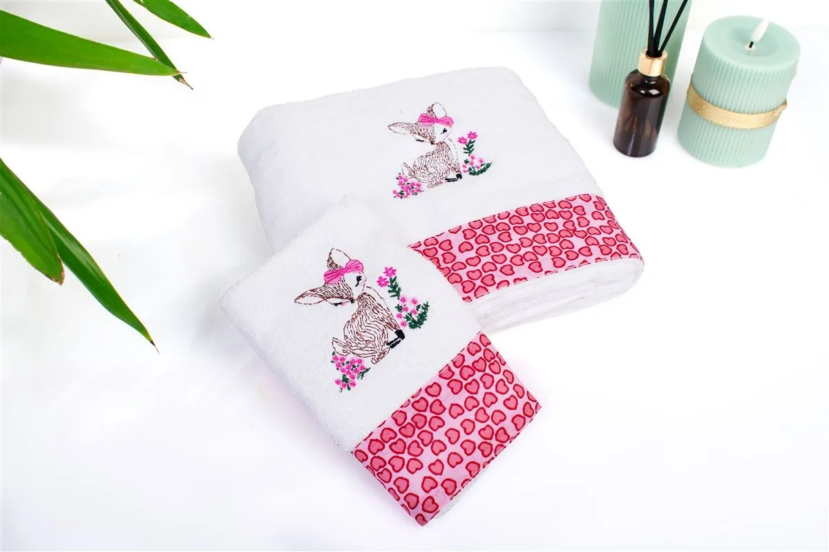 Πετσέτα Με Κέντημα Σετ 2 τεμ bebe Deer 197 30X50,70X140 White-Pink 100% Cotton