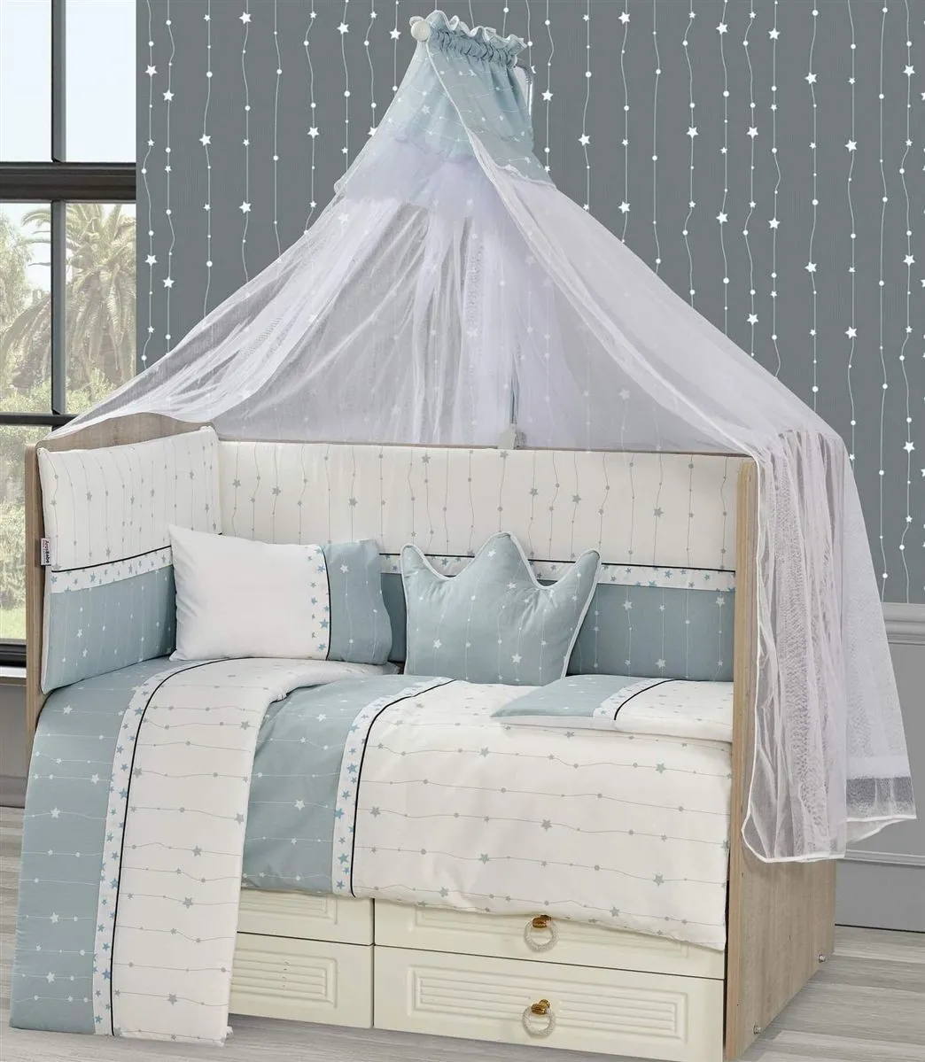 Προίκα Μωρού Εμπριμέ Σετ 9 τεμ bebe Stars 16 White-Aqua Grey 100% Cotton