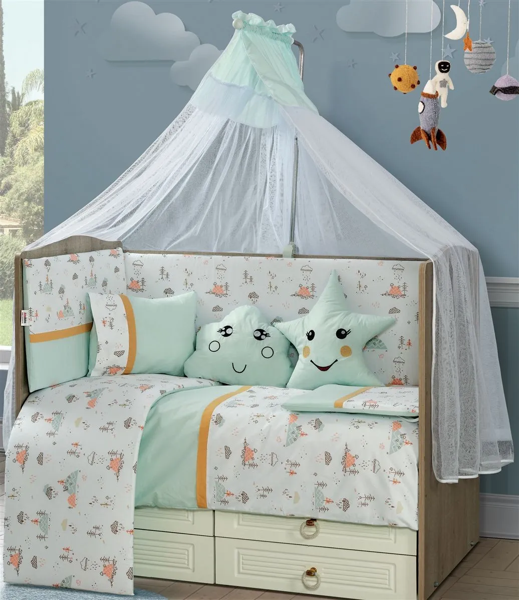 Προίκα Μωρού Εμπριμέ Σετ 9 τεμ bebe Forest 10 White-Mint 100% Cotton