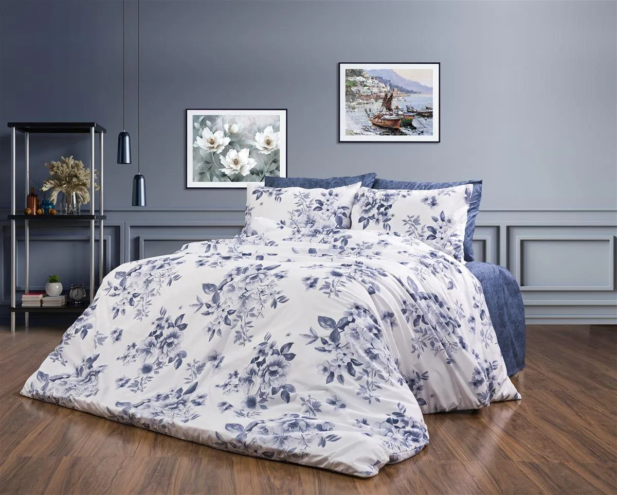 Σεντόνια Εμπριμέ Σετ 4 τεμ Βερονίκη 486 220X240 White-Blue 70/30 Cott/Pol