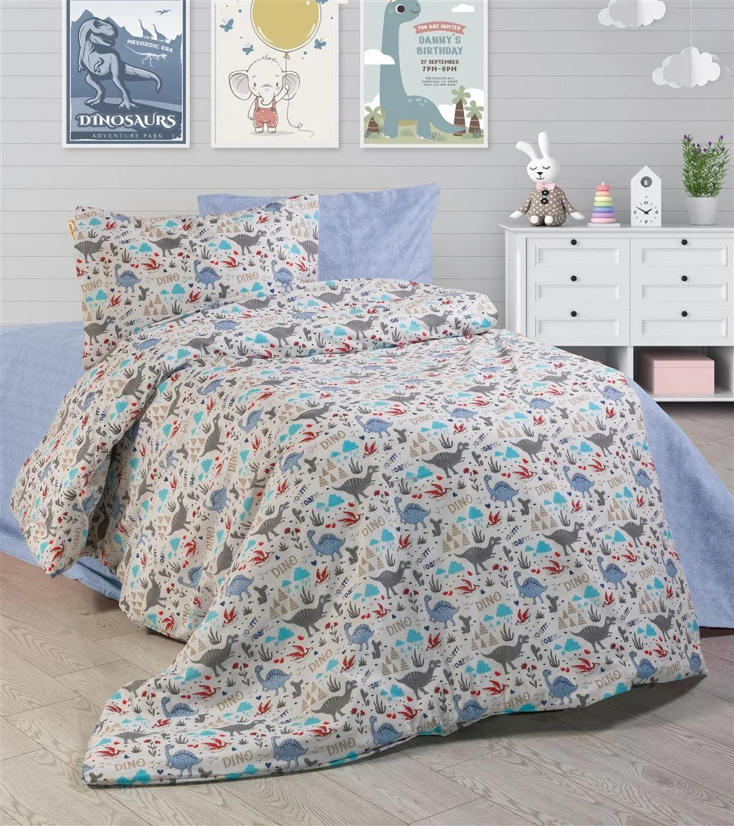 ΠΑΠΛΩΜΑΤΟΘΗΚΗ ΕΜΠΡΙΜΕ kids Dino 309 160X240 White-Blue Cott/Pol 70/30