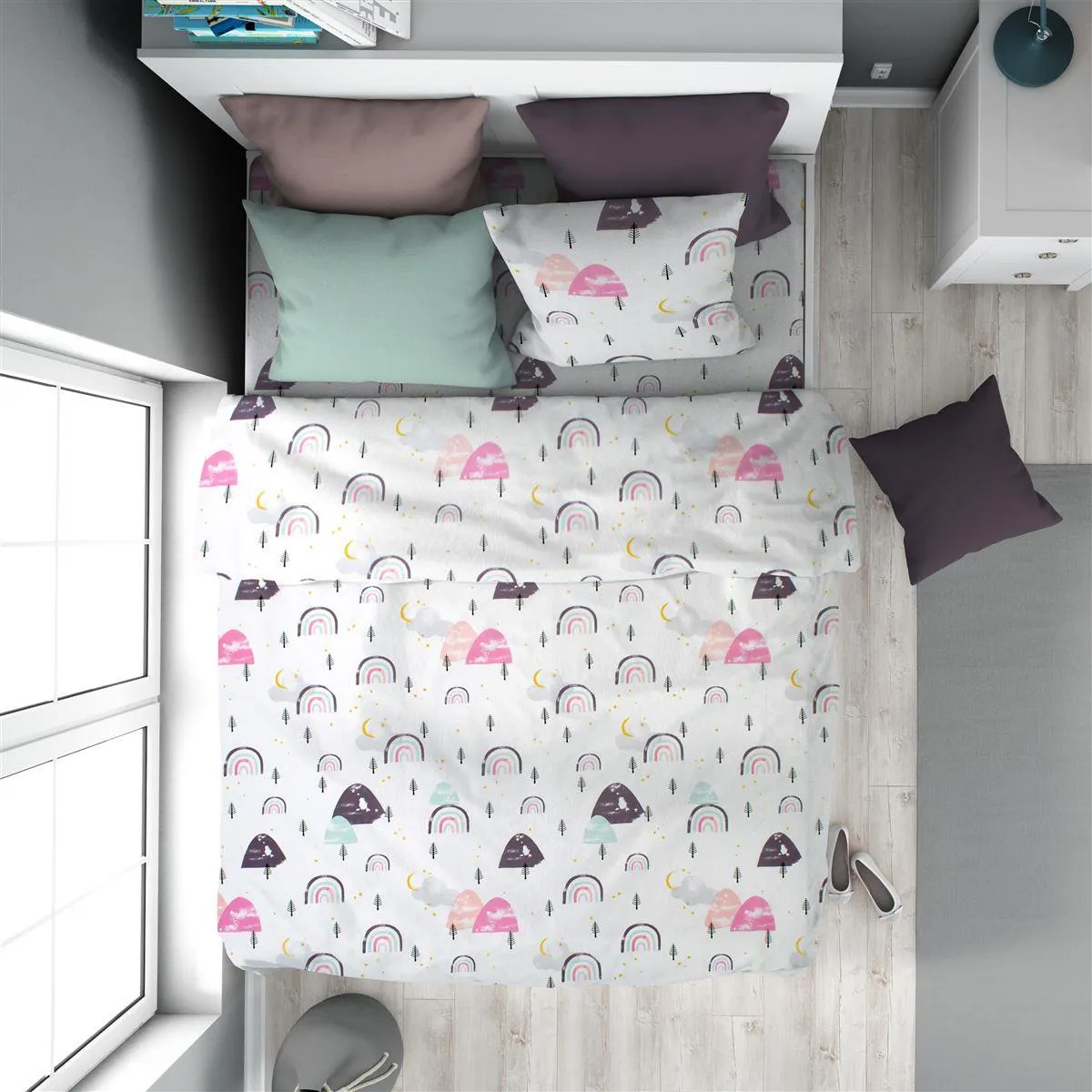 Παπλωματοθήκη Εμπριμέ kids Rainbow 575 160X240 White-Pink 100% Cotton