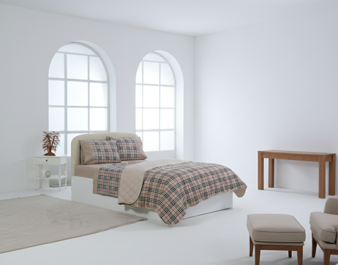 Μονό βαμβακερό κουβερλί (160cm x 220cm) καρρώ καφέ