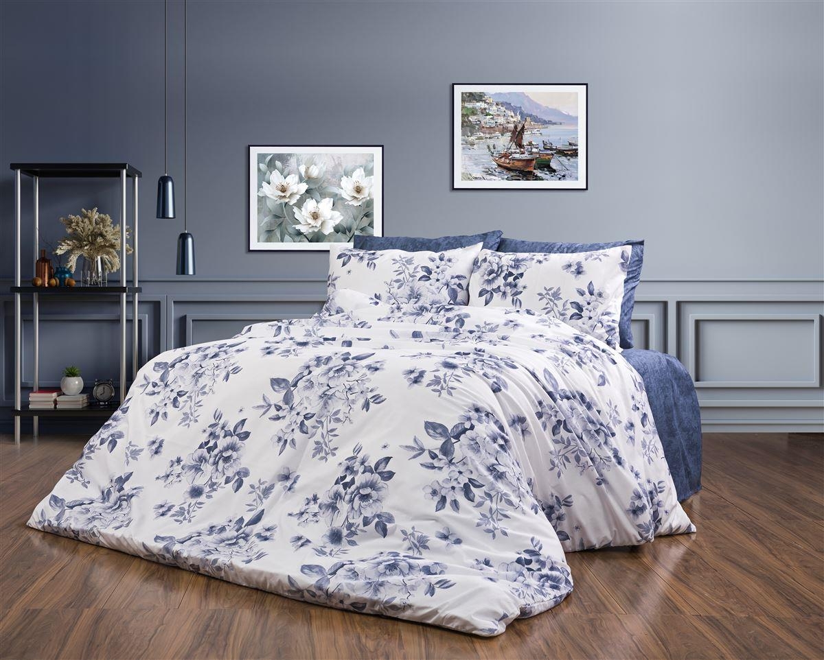Σεντόνια Εμπριμέ Σετ 3 τεμ Βερονίκη 486 160X240 White-Blue 70/30 Cott/Pol