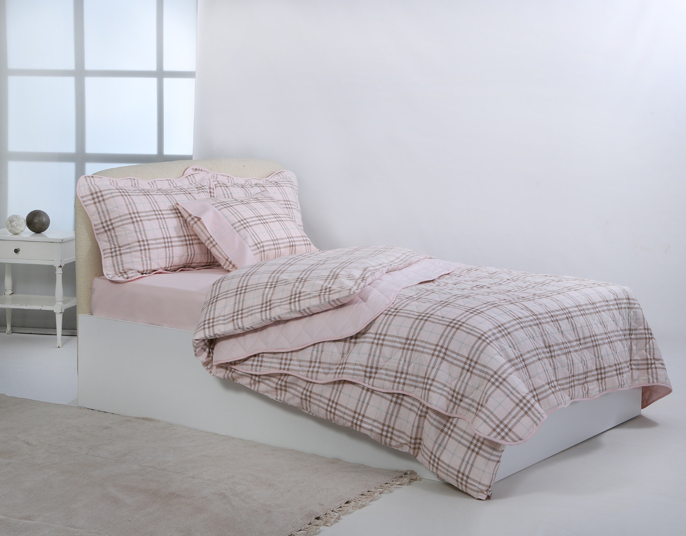 Υπέρδιπλο βαμβακερό κουβερλί (220cm x 240cm) καρρώ ρόζ