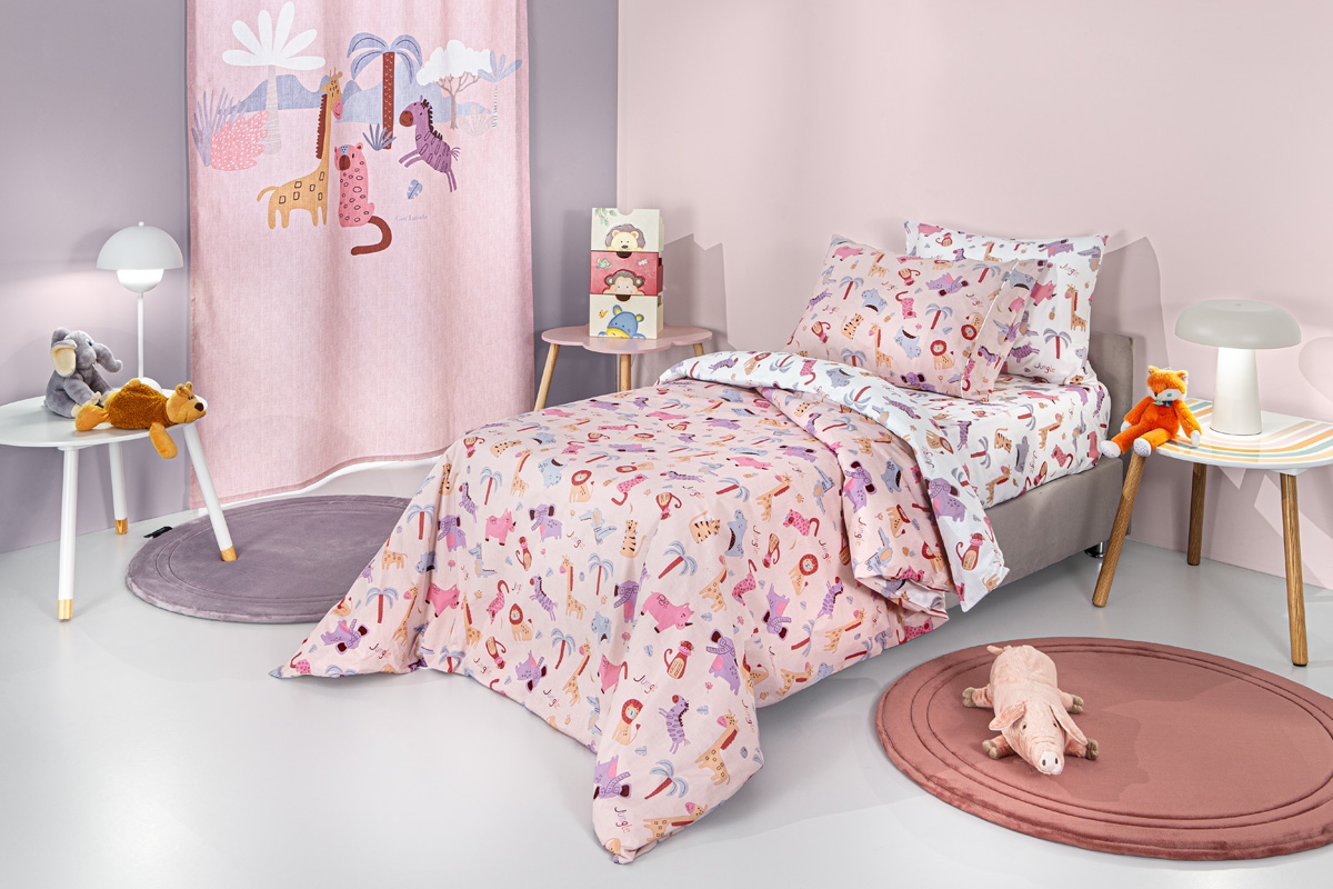 Σετ 3τμχ Παιδικά Σεντόνια Jungle Pink με Λάστιχο