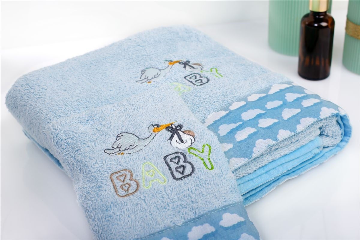 Πετσέτα Με Κέντημα Σετ 2 τεμ bebe Stork 191 30X50,70X140 Sky Blue 100% Cotton