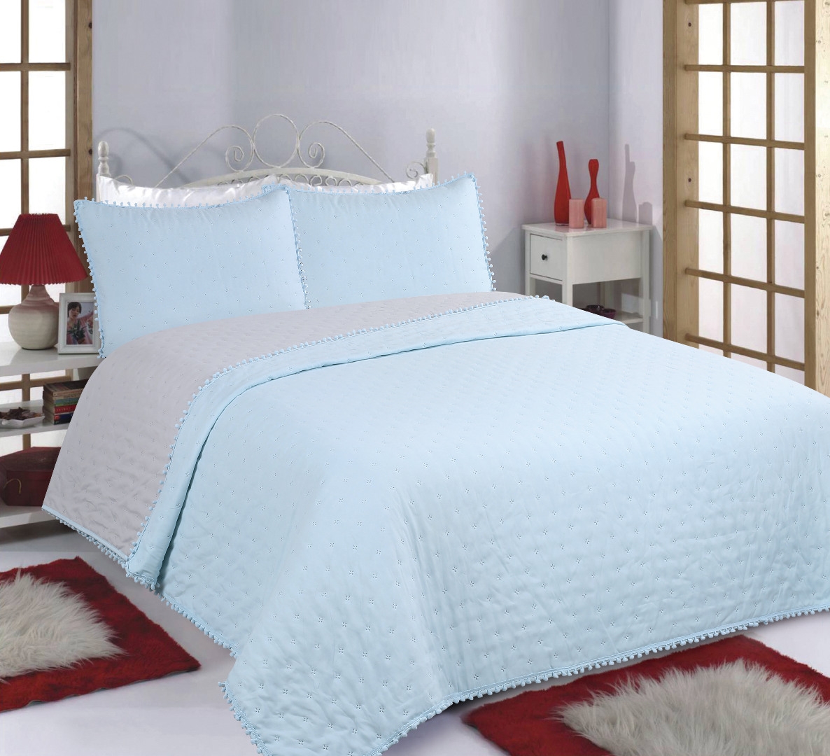 ΚΟΥΒΕΡΛΙ σετ (170cm x 240cm +50cm x 70cm) PON-PON sky blue/ grey