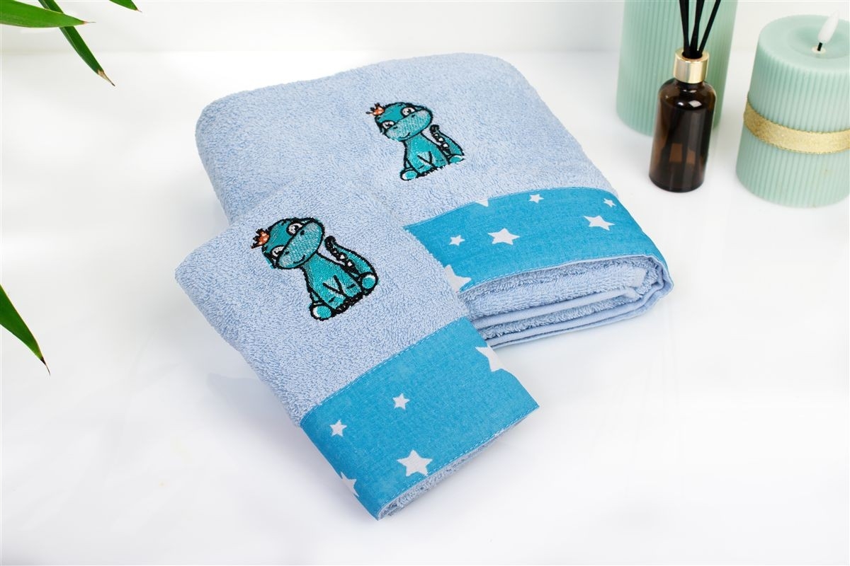 Πετσέτα Με Κέντημα Σετ 2 τεμ bebe Dinosaur 179 30X50,70X140 Sky Blue 100% Cotton