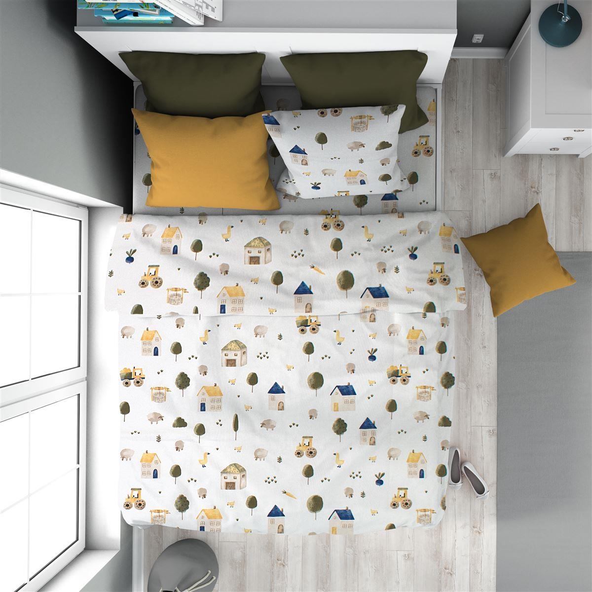 Παπλωματοθήκη Εμπριμέ kids Village 579 160X240 White-Green 100% Cotton