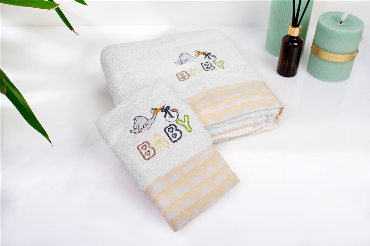 Πετσέτα Με Κέντημα Σετ 2 τεμ bebe Stork 193 30X50,70X140 White-Yellow 100% Cotton