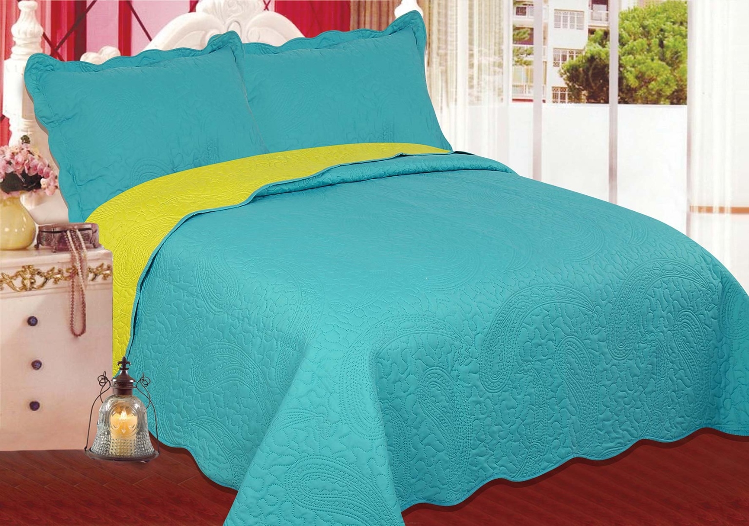 ΚΟΥΒΕΡΛΙ σετ (220cm x 240cm + 2 x 50cm x 70cm) λαχούρι BLUE & GREEN