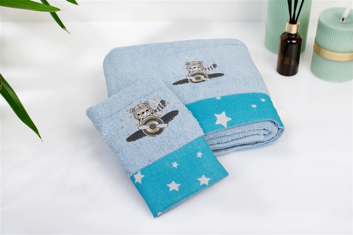 Πετσέτα Με Κέντημα Σετ 2 τεμ bebe Aviator 183 30X50,70X140 Sky Blue 100% Cotton