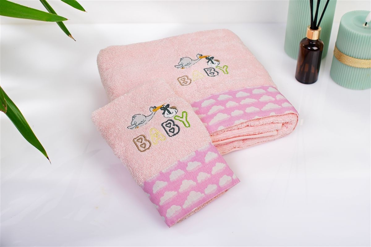 Πετσέτα Με Κέντημα Σετ 2 τεμ bebe Stork 192 30X50,70X140 Pink 100% Cotton