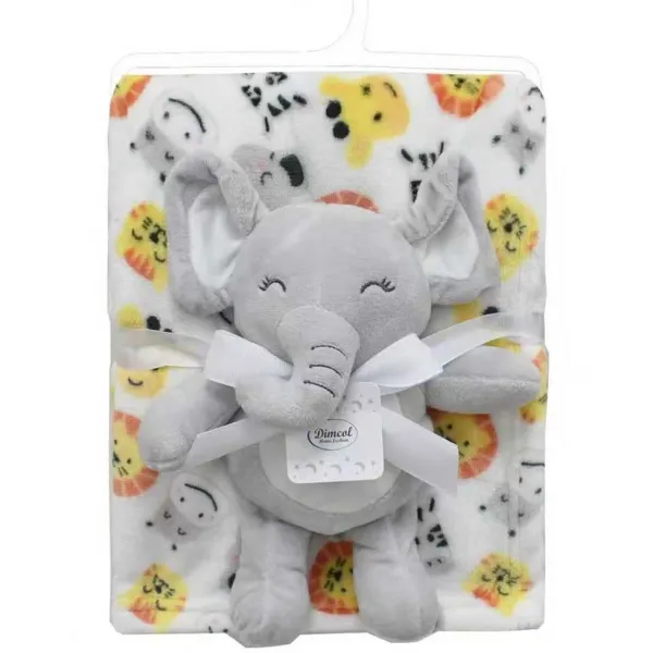 Λούτρινο Ζωάκι Σετ 2 Τεμ. bebe Elephant 23 Ύψος 25 cm & Εμπριμέ Κουβέρτα Coral Fleece 75x100 cm Grey 100% Polyester