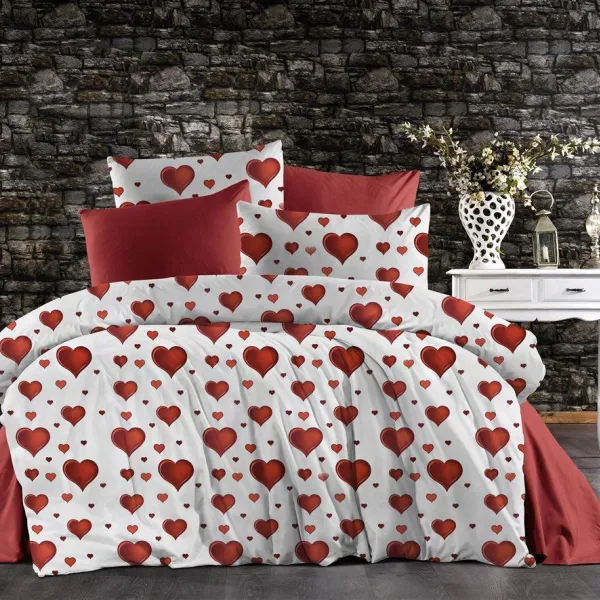 Σεντόνια Εμπριμέ Σετ 3 τεμ Πάθος 607 160X240 White-Red 70/30 Cott/Pol