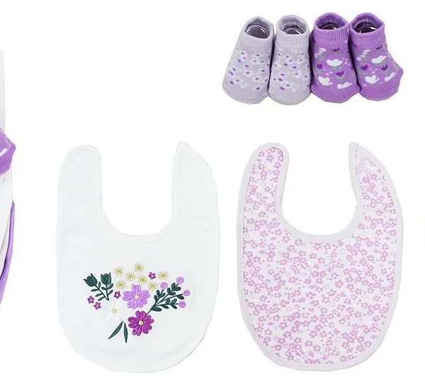Σαλιάρα Interlock & Επένδυση Terry με Velcro bebe Σετ 5 Τεμ. Flowers 27 30X20 White-Lilac 60/40 Cott/Pol