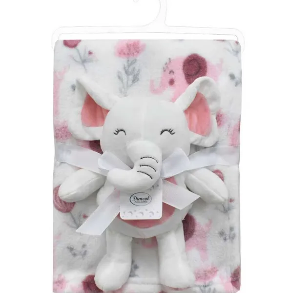 Λούτρινο Ζωάκι Σετ 2 Τεμ. bebe Elephant 20 Ύψος 25 cm & Εμπριμέ Κουβέρτα Coral Fleece 75x100 cm White-Pink 100% Polyester