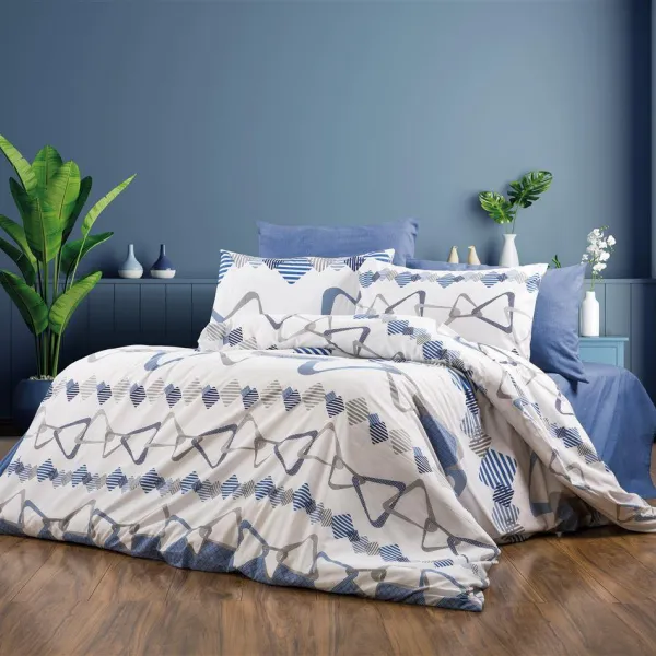 Σεντόνια Εμπριμέ Σετ 3 τεμ Δαρεία 489 160X240 White-Blue 70/30 Cott/Pol