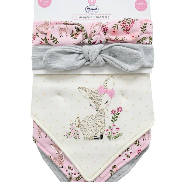 Σαλιάρα Μπαντάνα Interlock & Επένδυση Terry με Κουμπία bebe Σετ 5 Τεμ. Deer 25 20X42.5 Pink 60/40 Cott/Pol