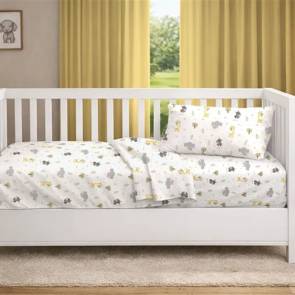 Κατωσέντονο Με Λάστιχο bebe Happy Safari 713 0,70X1,40X0,15 White-Grey 100% Cotton
