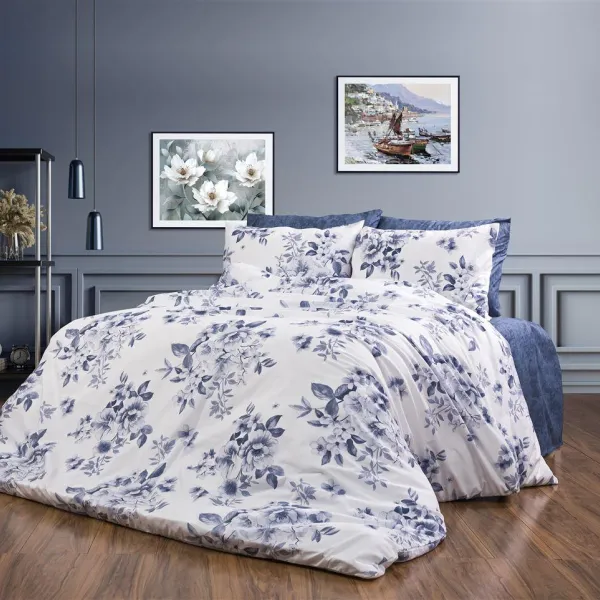 Σεντόνια Εμπριμέ Σετ 4 τεμ Βερονίκη 486 220X240 White-Blue 70/30 Cott/Pol