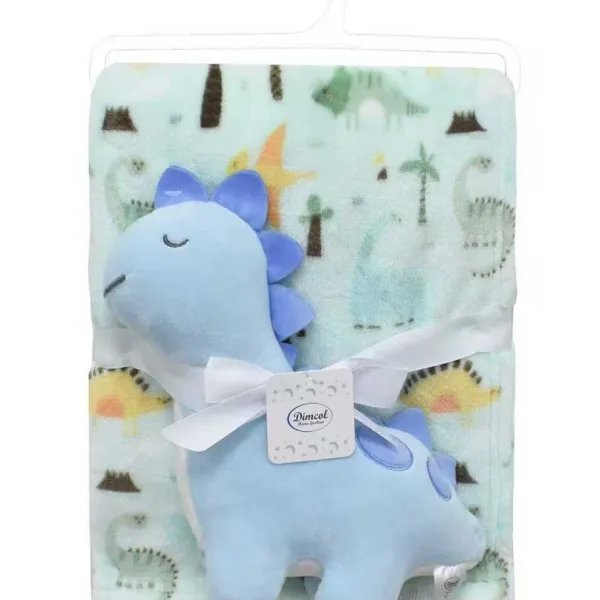 Λούτρινο Ζωάκι Σετ 2 Τεμ. bebe Dinosaur 22 Ύψος 25 cm & Εμπριμέ Κουβέρτα Coral Fleece 75x100 cm Sky Blue 100% Polyester
