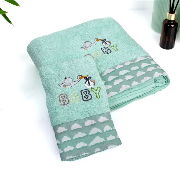 Πετσέτα Με Κέντημα Σετ 2 τεμ bebe Stork 195 30X50,70X140 Mint 100% Cotton